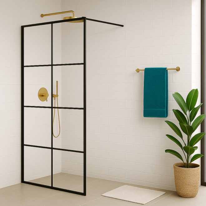 Wiesbaden Maaz Inloopdouche met raster 10mm NANO Helder Glas / Mat Zwart